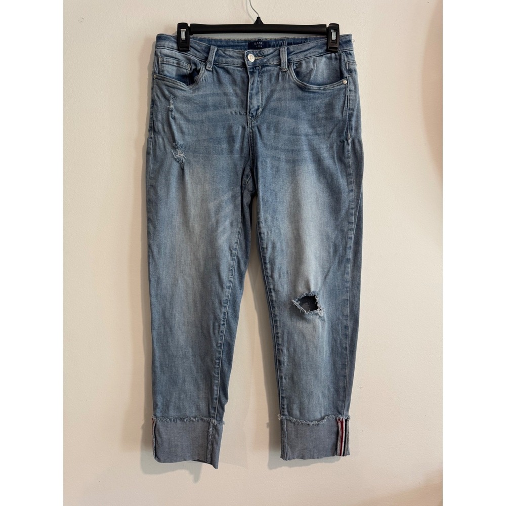 Kaari Blue Distressed Cropped Jeans Women 12 Blue Raw Hem Side Stripe Distressed
